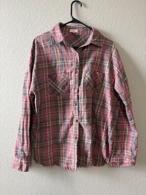 Ott Women's Pink & Tan Plaid Flannel Shirt Casual Button-Up Size XL western